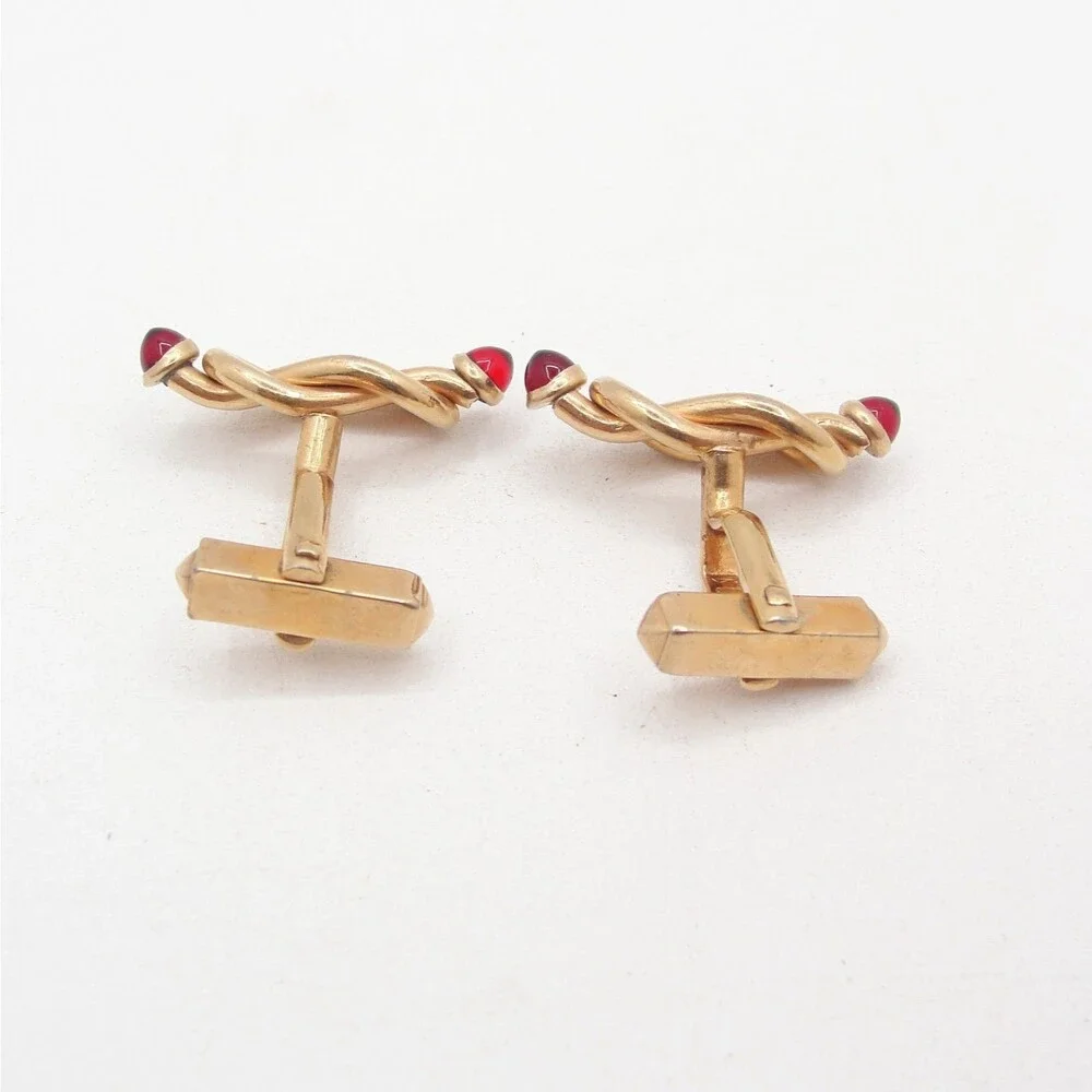 Vintage SWANK Infinity Eternity Love Knot Cufflinks Red Glass Cabochon Art Deco